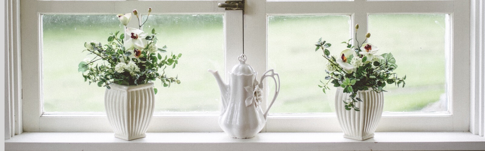 plants in pots and teapot on window sill